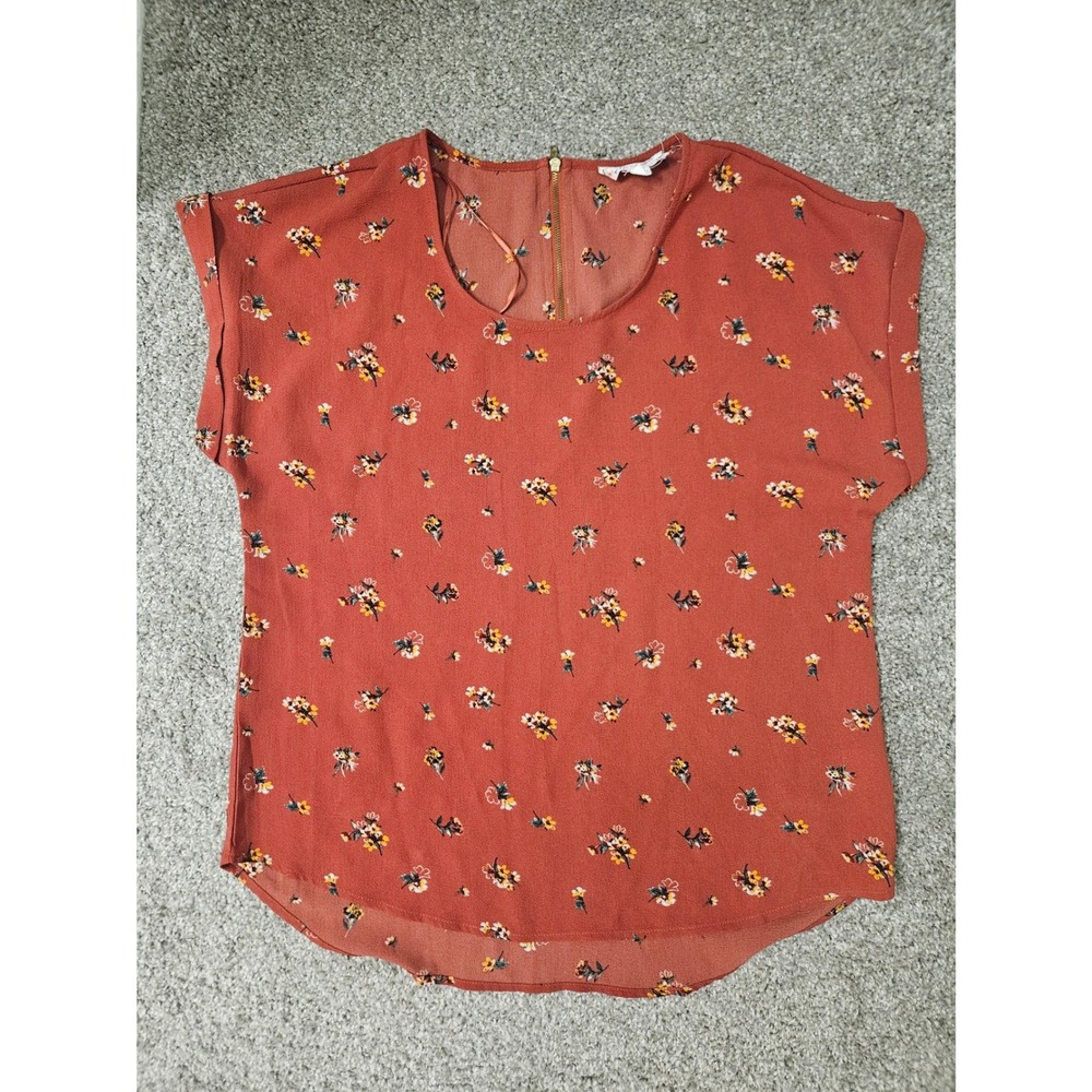 Pink Rose Womens Floral Cap Sleeve Blouse Rust Orange Back Zip Top Large L